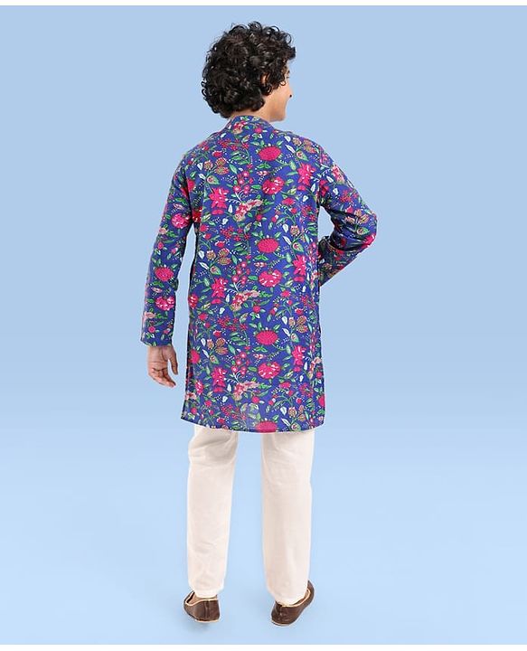 Pine Kids Cotton Woven Full Sleeves Kurta Pyjama Set Floral Print - Blue