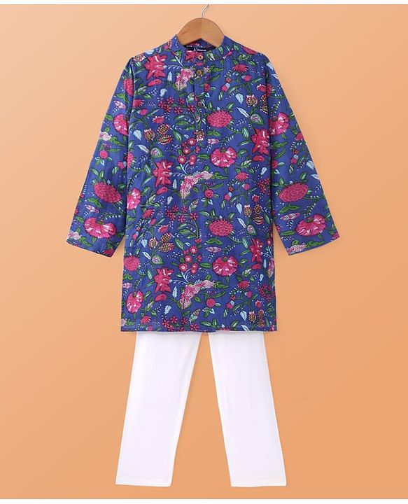 Pine Kids Cotton Woven Full Sleeves Kurta Pyjama Set Floral Print - Blue