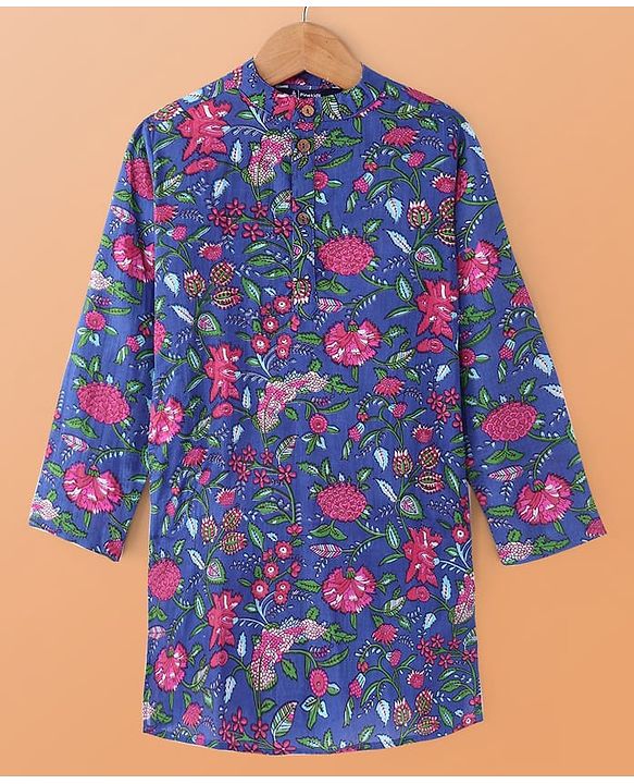 Pine Kids Cotton Woven Full Sleeves Kurta Pyjama Set Floral Print - Blue