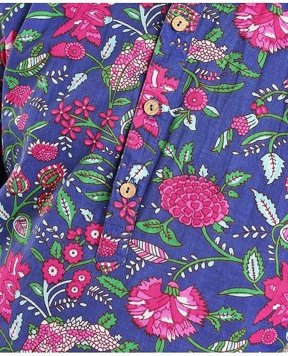 Pine Kids Cotton Woven Full Sleeves Kurta Pyjama Set Floral Print - Blue