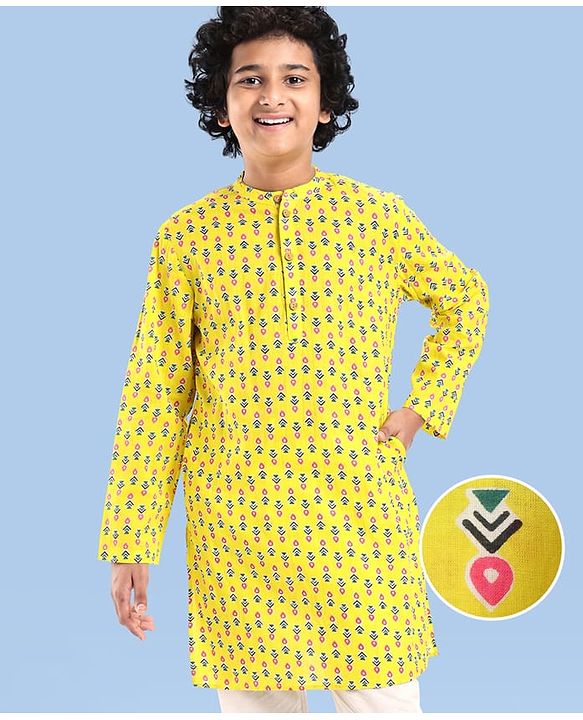 Pine Kids Cotton Woven Full Sleeves Printed Kurta - Yellow