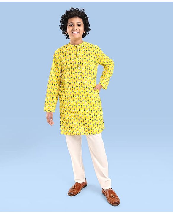 Pine Kids Cotton Woven Full Sleeves Printed Kurta - Yellow