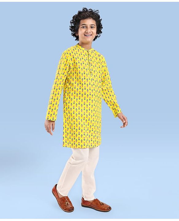 Pine Kids Cotton Woven Full Sleeves Printed Kurta - Yellow