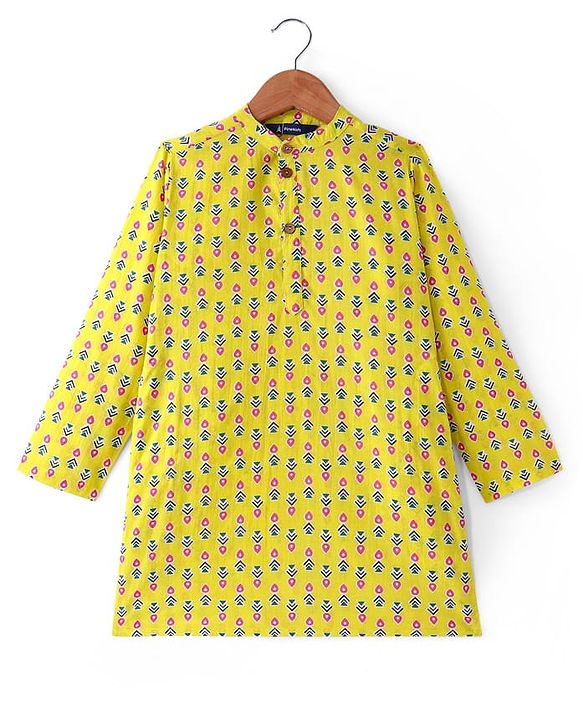 Pine Kids Cotton Woven Full Sleeves Printed Kurta - Yellow