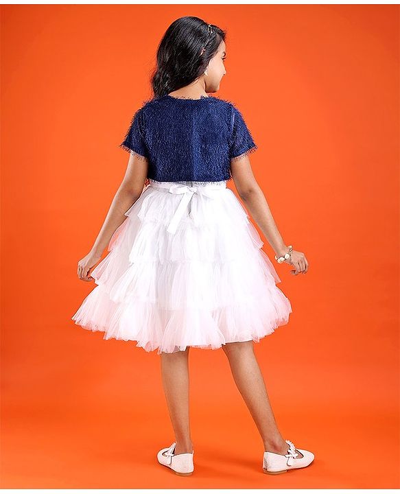 Pine Kids Woven Solid Color Dress with Half Sleeves Fur Shrug - White & Blue