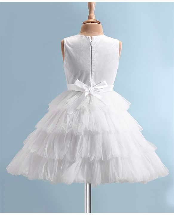 Pine Kids Woven Solid Color Dress with Half Sleeves Fur Shrug - White & Blue