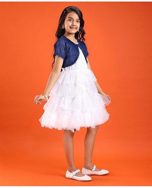 Pine Kids Woven Solid Color Dress with Half Sleeves Fur Shrug - White & Blue