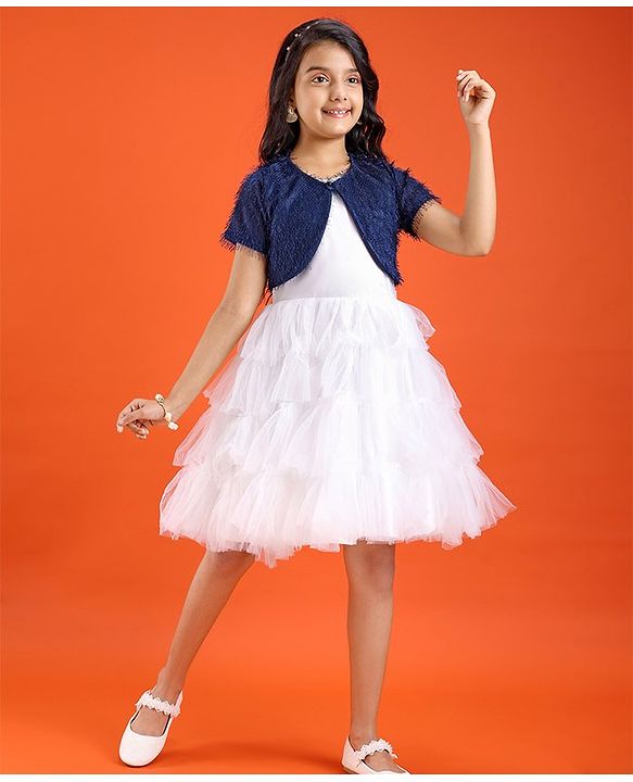 Pine Kids Woven Solid Color Dress with Half Sleeves Fur Shrug - White & Blue