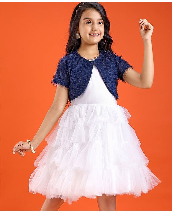 Pine Kids Woven Solid Color Dress with Half Sleeves Fur Shrug - White & Blue