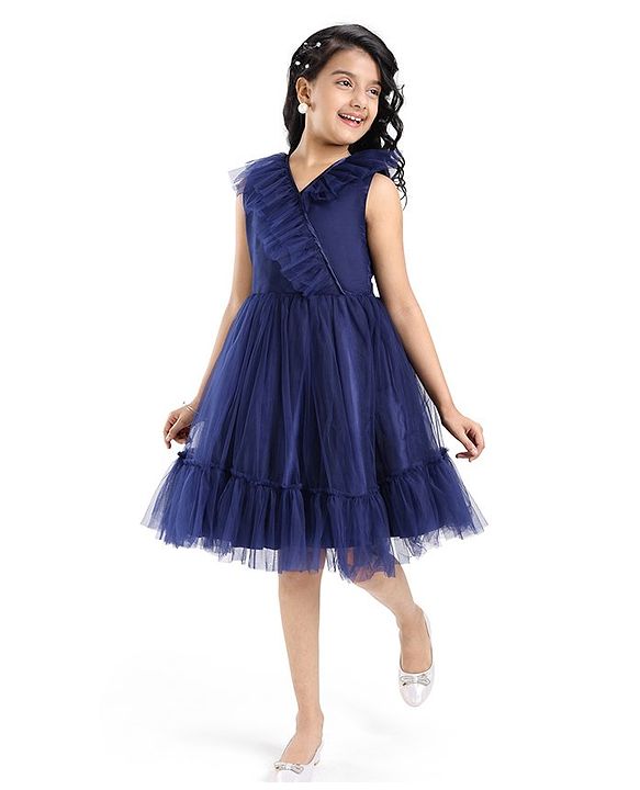 Pine Kids Sleeveless Tiered Party Frock with Frill Detailing  - Navy Blue