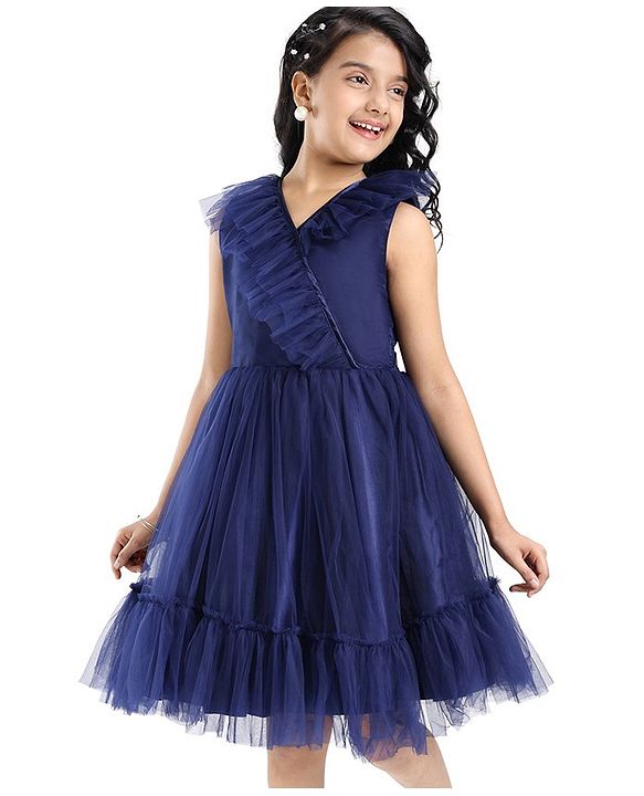 Pine Kids Sleeveless Tiered Party Frock with Frill Detailing  - Navy Blue