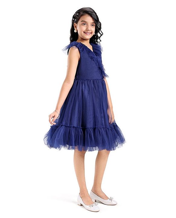 Pine Kids Sleeveless Tiered Party Frock with Frill Detailing  - Navy Blue
