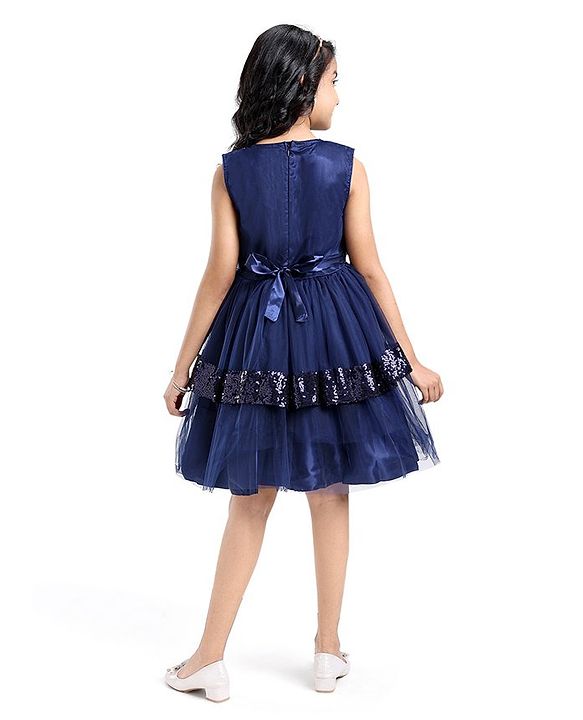 Pine Kids Sleeveless Party Layered  Sequined Frock - Navy Blue