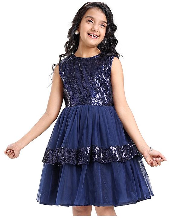 Pine Kids Sleeveless Party Layered  Sequined Frock - Navy Blue