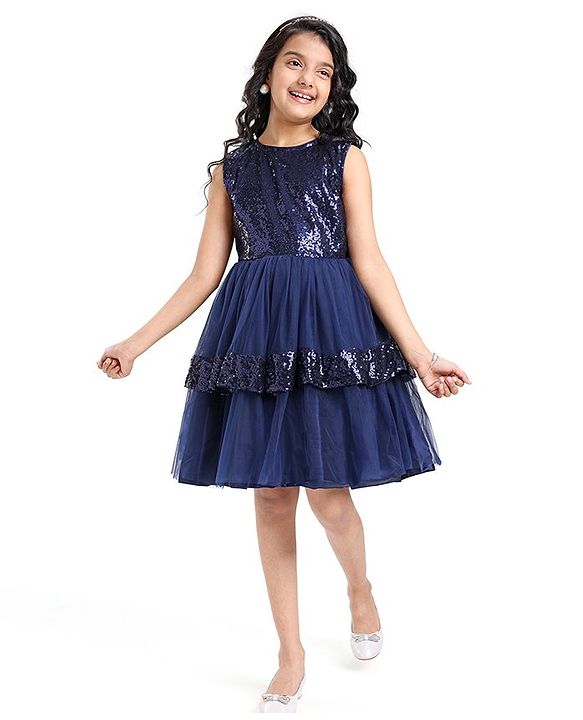 Pine Kids Sleeveless Party Layered  Sequined Frock - Navy Blue