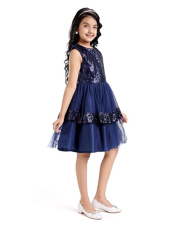 Pine Kids Sleeveless Party Layered  Sequined Frock - Navy Blue