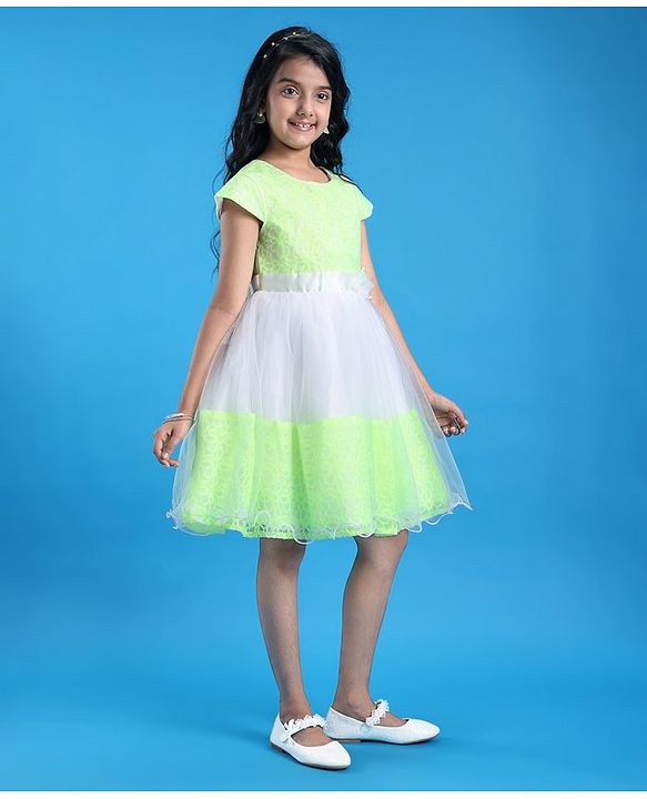 Pine Kids Woven Half Sleeves Party Dress with Floral Applique & Back Tie Up - White