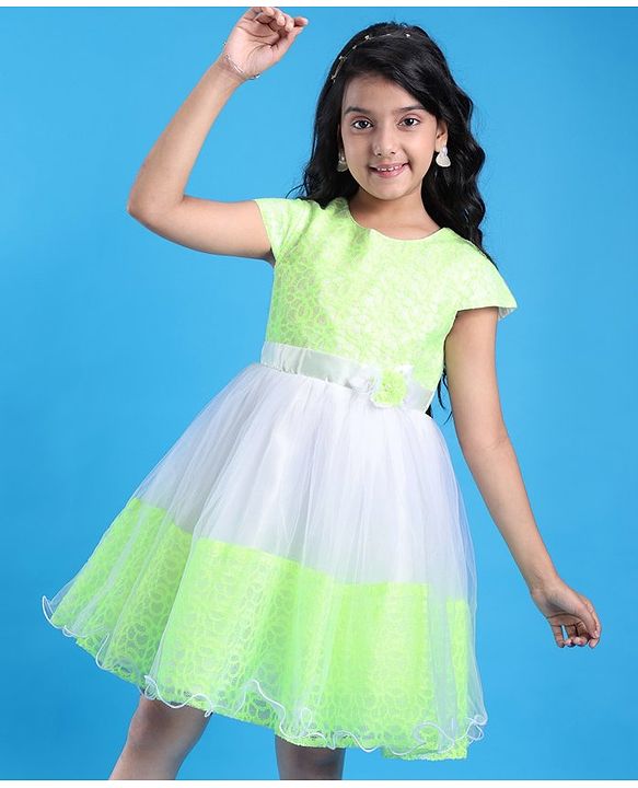 Pine Kids Woven Half Sleeves Party Dress with Floral Applique & Back Tie Up - White