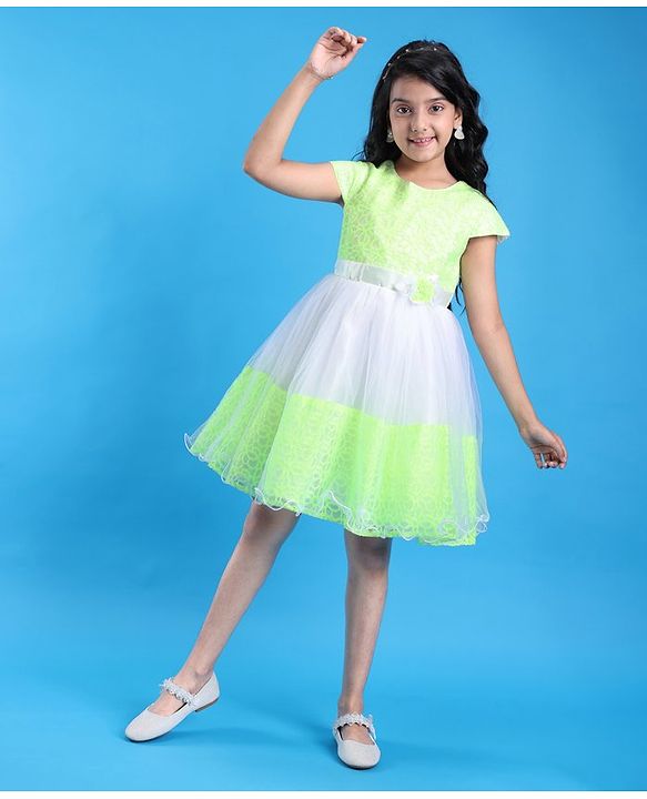 Pine Kids Woven Half Sleeves Party Dress with Floral Applique & Back Tie Up - White