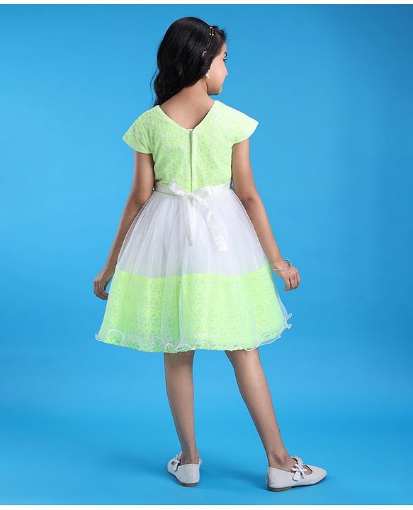 Pine Kids Woven Half Sleeves Party Dress with Floral Applique & Back Tie Up - White