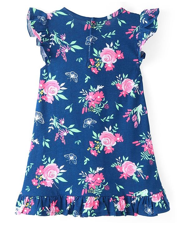 Babyhug Cotton Knit Frill Sleeves Nighty With Floral Print - Navy