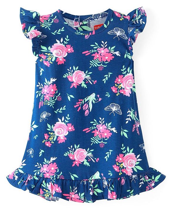 Babyhug Cotton Knit Frill Sleeves Nighty With Floral Print - Navy