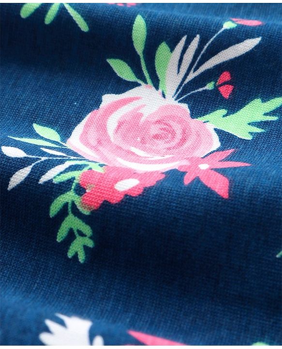 Babyhug Cotton Knit Frill Sleeves Nighty With Floral Print - Navy