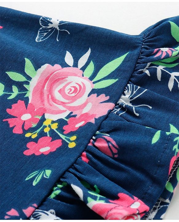 Babyhug Cotton Knit Frill Sleeves Nighty With Floral Print - Navy