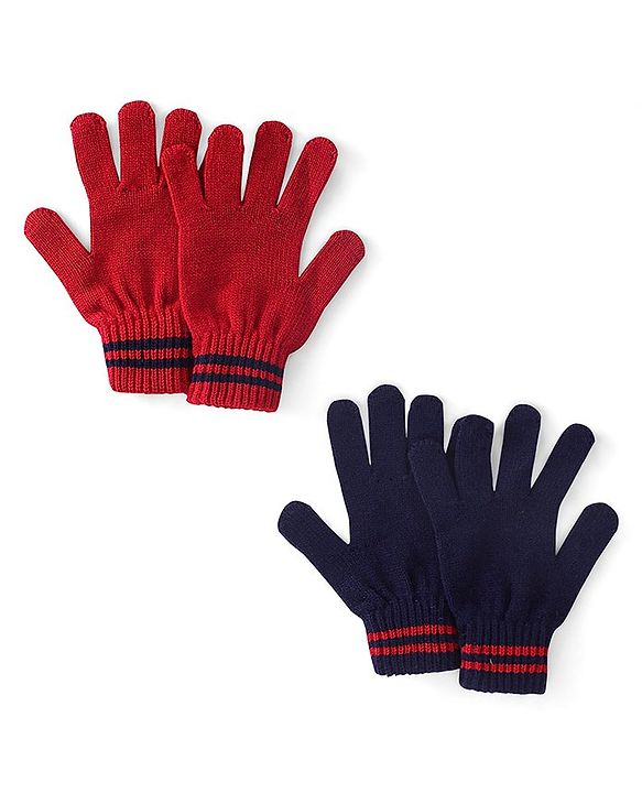 Pine Kids Solid Color Gloves Set Pack of 2 - Red & Navy Blue
