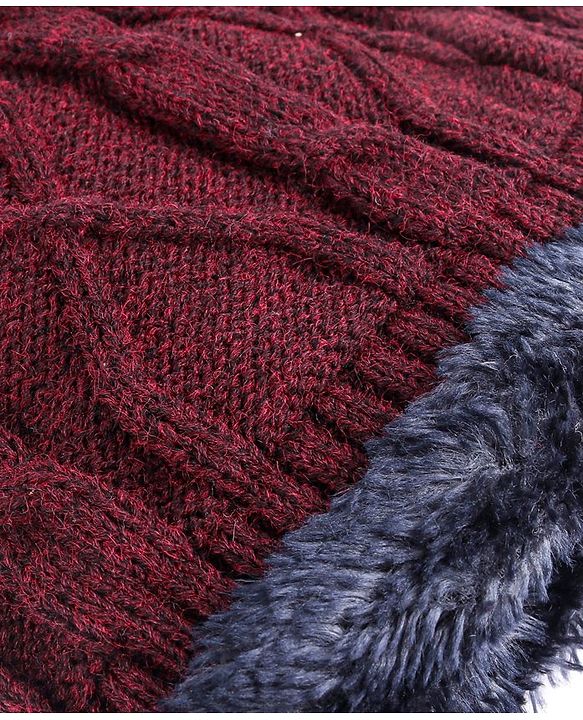 Pine Kids Woollen Cap & Muffler Set with Cable Knit Design - Maroon