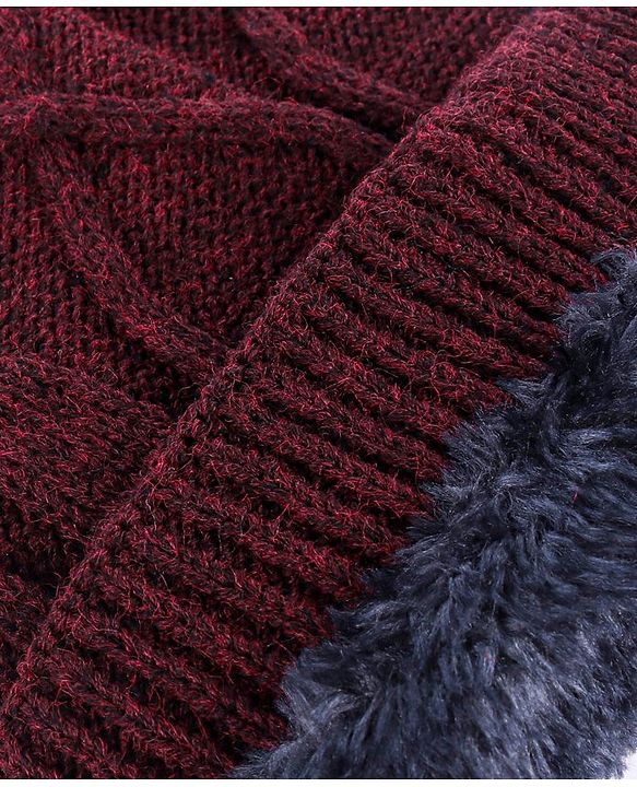 Pine Kids Woollen Cap & Muffler Set with Cable Knit Design - Maroon
