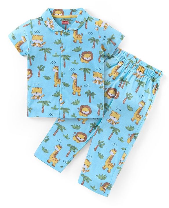 Babyhug Cotton Knit Half Sleeves Night Suit With Animal Print - Blue