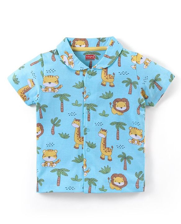 Babyhug Cotton Knit Half Sleeves Night Suit With Animal Print - Blue