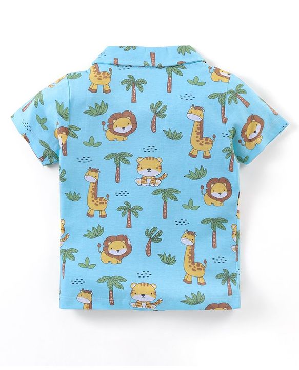 Babyhug Cotton Knit Half Sleeves Night Suit With Animal Print - Blue