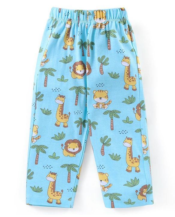 Babyhug Cotton Knit Half Sleeves Night Suit With Animal Print - Blue