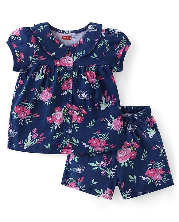 Babyhug Cotton Knit Half Sleeves Peter Pan Collared Night Suit With Floral Print - Navy