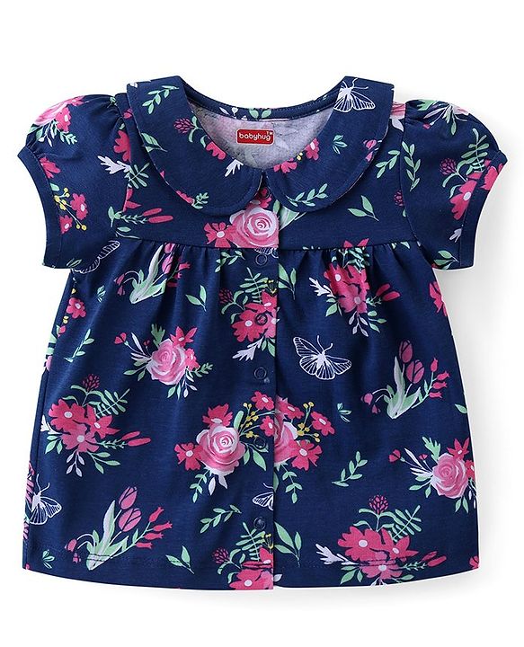 Babyhug Cotton Knit Half Sleeves Peter Pan Collared Night Suit With Floral Print - Navy