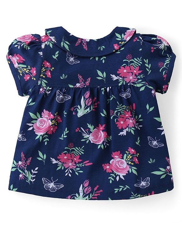 Babyhug Cotton Knit Half Sleeves Peter Pan Collared Night Suit With Floral Print - Navy