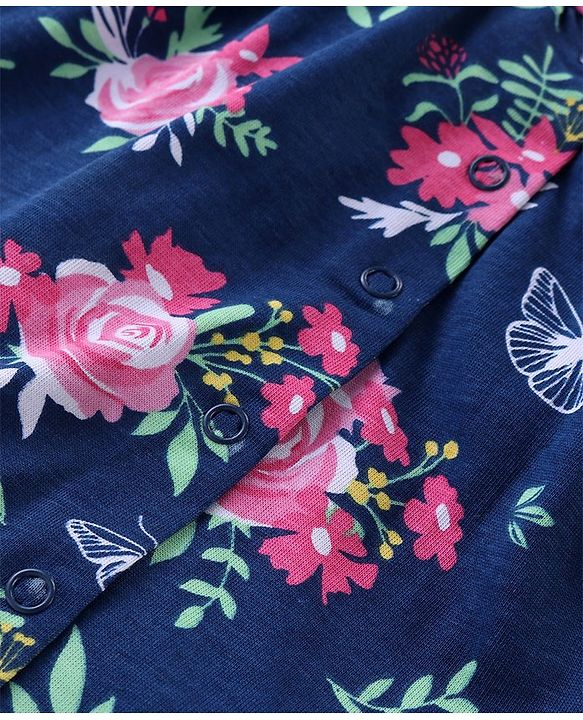 Babyhug Cotton Knit Half Sleeves Peter Pan Collared Night Suit With Floral Print - Navy