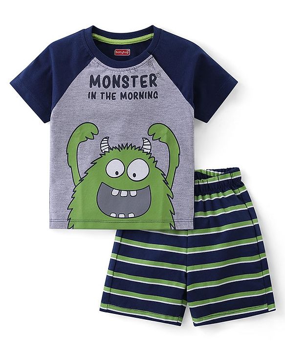 Babyhug Cotton Knit Half Sleeves Night Suit With Monster Print - Navy