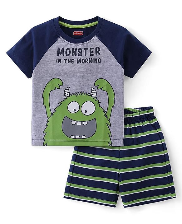 Babyhug Cotton Knit Half Sleeves Night Suit With Monster Print - Navy