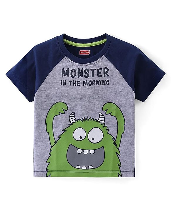 Babyhug Cotton Knit Half Sleeves Night Suit With Monster Print - Navy