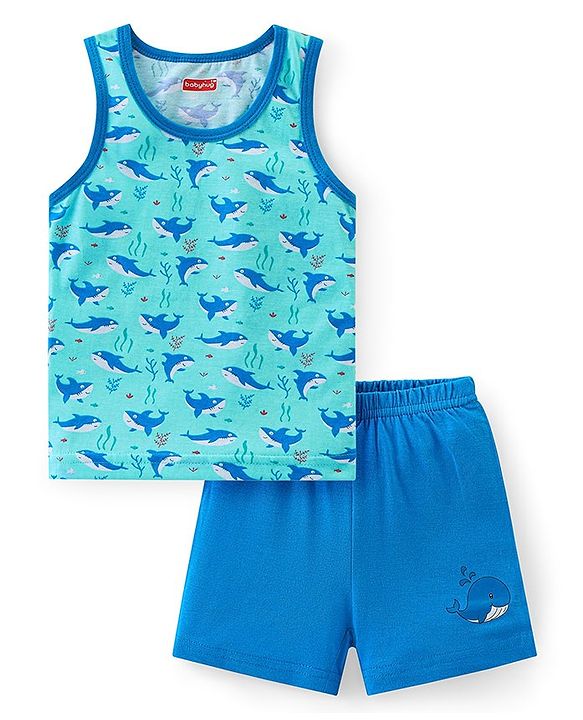 Babyhug 100% Cotton Single Jersey Sleeveless Sando Shorts Set Whale Print - Blue