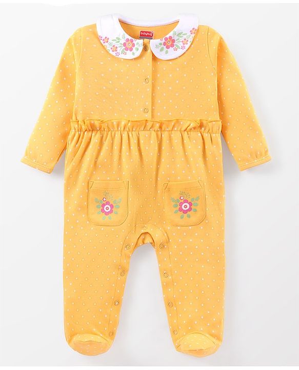 Babyhug Cotton Knit Full Sleeves Peter Pan Collared Sleepsuit With Floral Print - Yellow