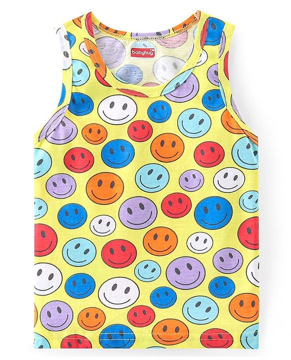 Babyhug 100% Cotton Single Jersey Sleeveless Sando Shorts Set Smiley Print - Multicolor