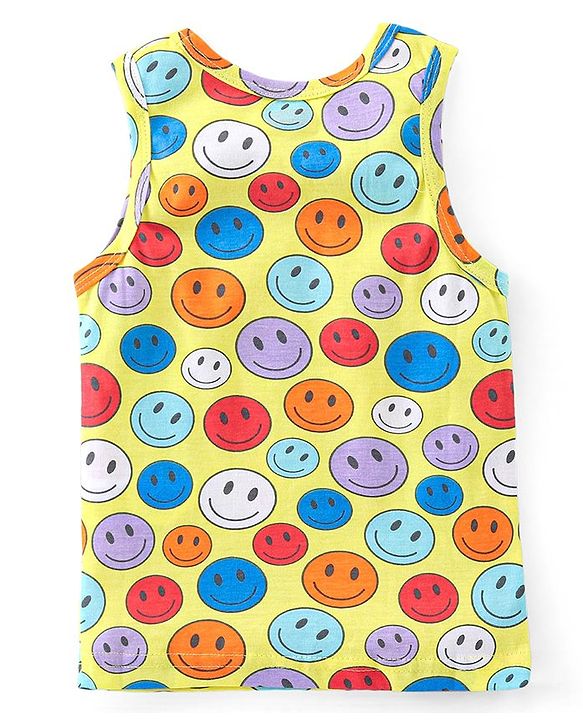 Babyhug 100% Cotton Single Jersey Sleeveless Sando Shorts Set Smiley Print - Multicolor