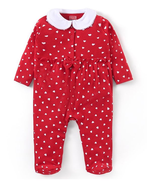 Babyhug Cotton Knit Full Sleeves Peter Pan Collared Sleep Suit With Hearts Print - Red