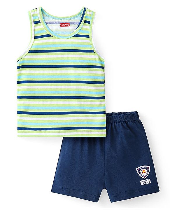 Babyhug 100% Cotton Sleeveless Sando & Shorts Set With Stripes And Logo Print - Navy Blue