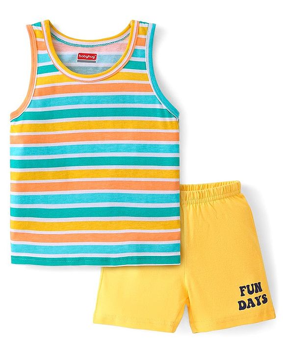 Babyhug 100% Cotton Sleeveless Sando Shorts Set Striped & Text Print - Yellow