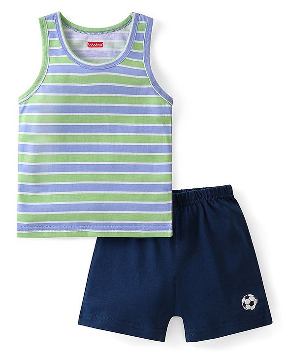 Babyhug 100% Cotton Knit Sleeveless Striped Sando & Shorts Set With Football Print - Navy Blue
